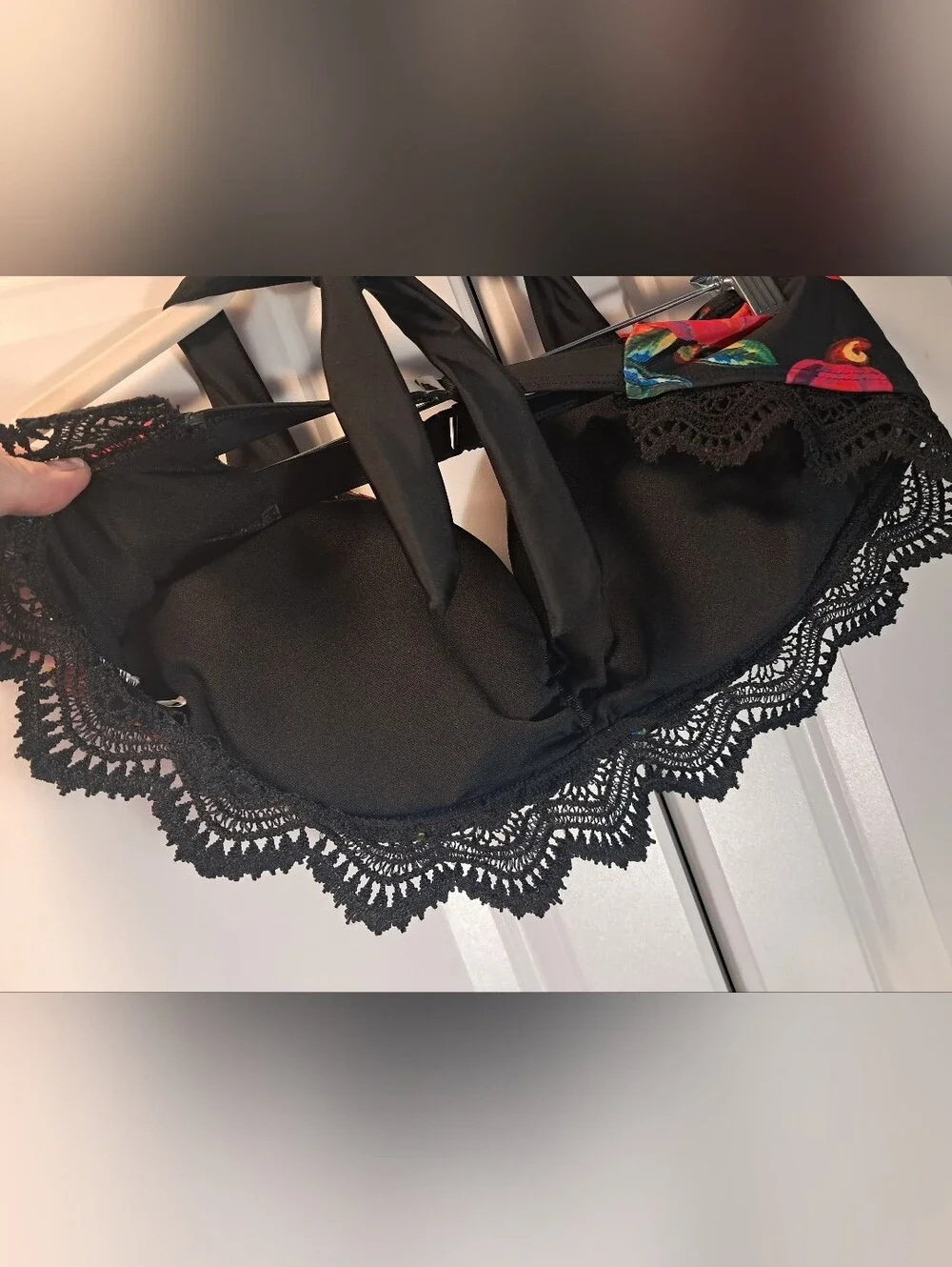 Black Tropical Floral Halter Bikini Top with Lace Trim Plus Size Swimsuit Swim